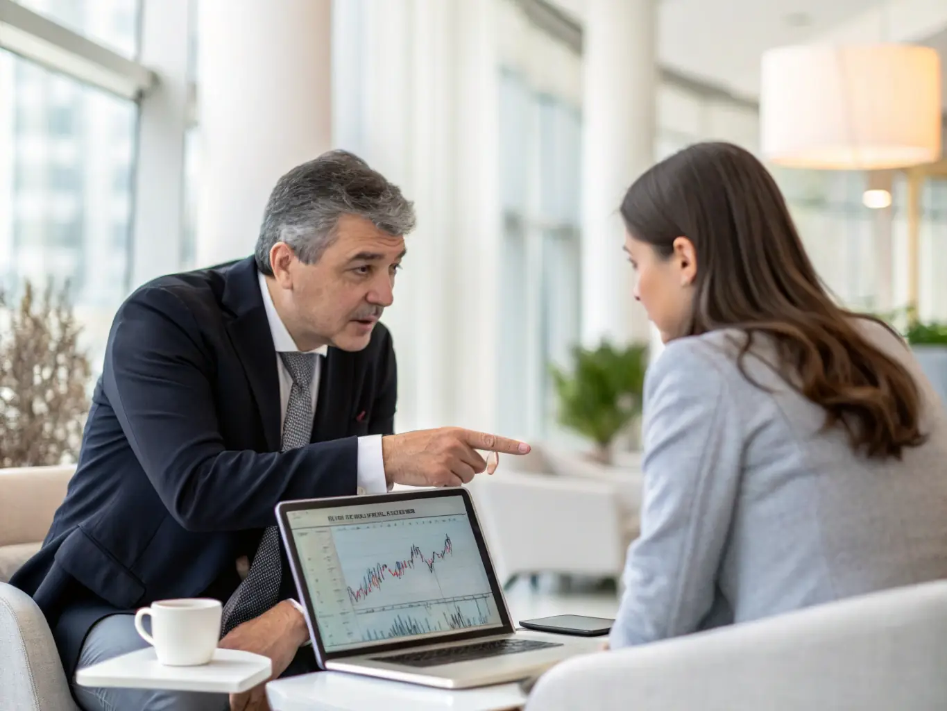A professional financial advisor is presenting a detailed investment strategy to a client in a modern office setting. The advisor is pointing to a growth chart on a tablet, illustrating potential returns and risk management techniques.