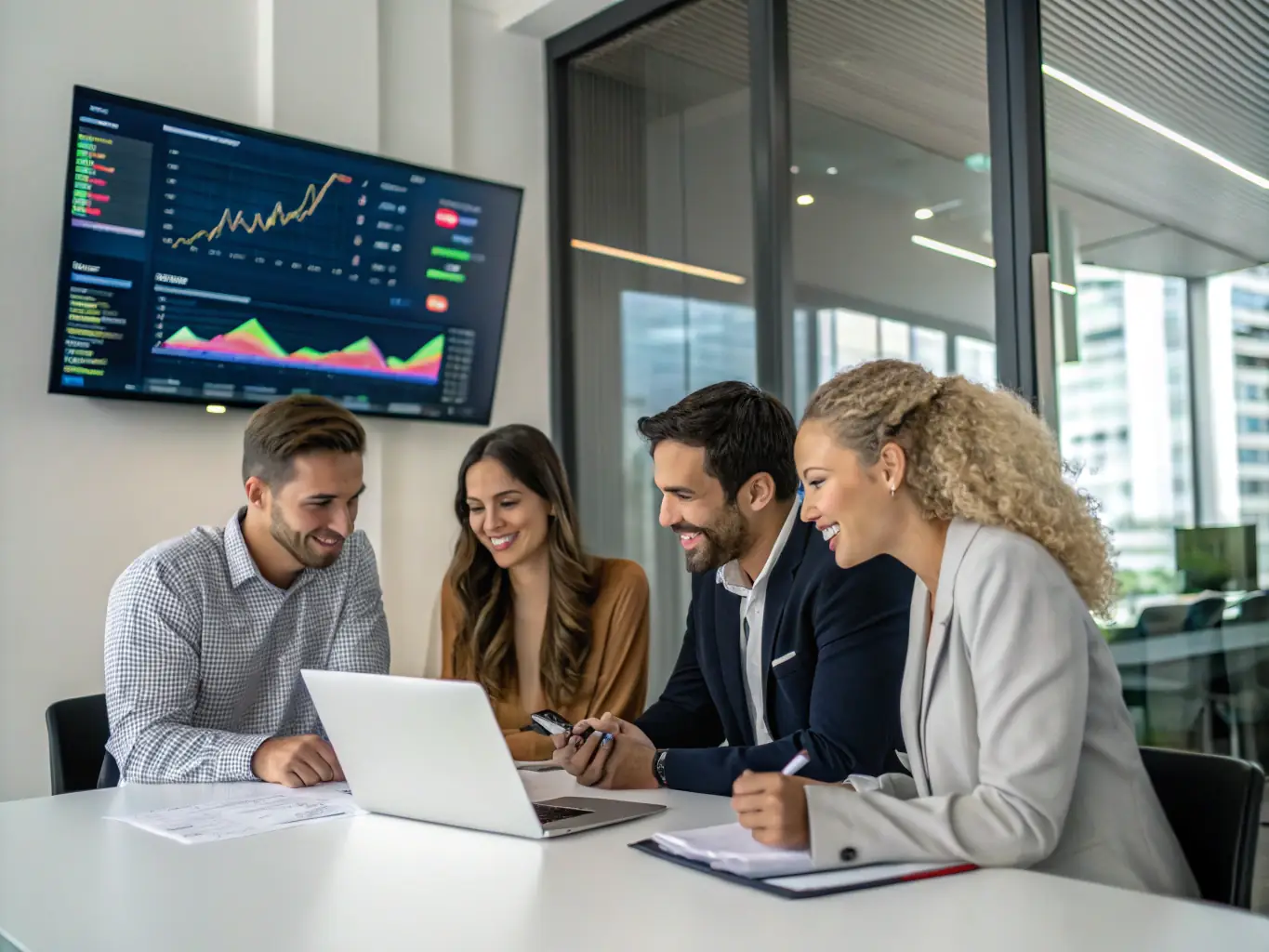 A diverse team of financial analysts collaborating on growth planning strategies in a bright, open-plan office. They are reviewing financial models and discussing market trends to identify opportunities for SMBs.